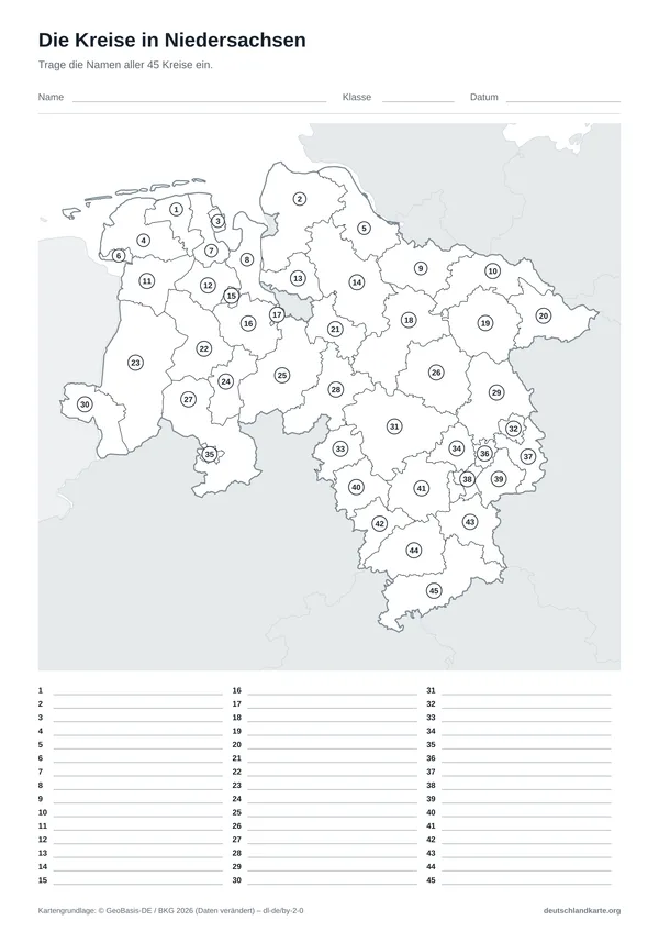 Vorschau: Arbeitsblatt „Die Kreise in Niedersachsen“